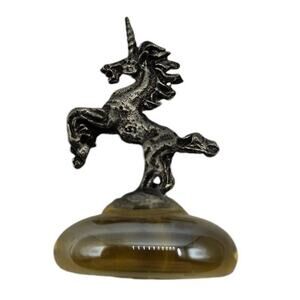 Vintage 1990s Miniature Pewter Figurine On Polished Yellow Stone